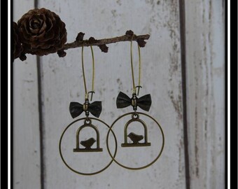 Birds in antique bronze circle earrings