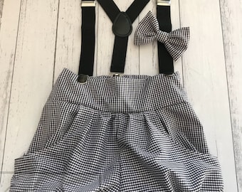 Boy Birthday Outfit - Suspenders, pants and bowtie in black gingham fabric - Great for first birthdays, photo shoots and cake smash