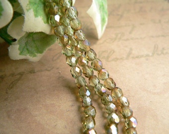 Green Czech Glass Beads Chrysolite Celsian Round Firepolished 4mm (50)