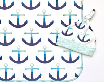 Modern Anchors Organic Cotton Baby Hat, Boy Newborn Top Knot Hat, Nautical Ocean Beanie, Navy Blue Baby Shower Gift, Beach Gift for Mom