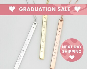 Custom Vertical Bar Necklace Custom Engraved Coordinates Christian Necklace Roman Numeral Necklace Mothers Day Gift Graduation Necklace