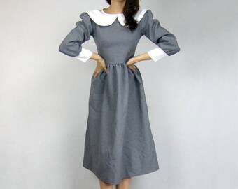 Womens Costume Vintage 80s Peter Pan Collar Dress Halloween Dress Peasant Puff Sleeve Dress 1980s Grey Dress - Extra Small to Small XS S