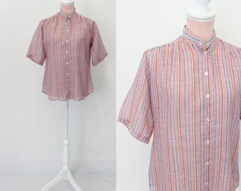 1970s Blouse / 70s Cotton Button Up Shirt / Striped Top / Medium