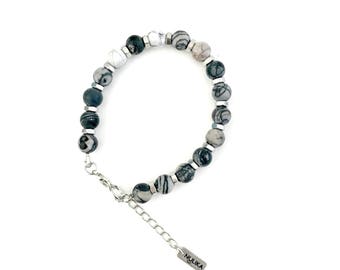 Black white stone bracelet, natural stone beads, beaded bracelet, boho stone bracelet, nulika