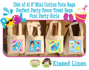Summer Swim Pool Fun in the Sun Girls Boys Birthday Party Treat Favor Gift Bags Mini Cotton Totes Children Kids Girls Boys Set of 4 or 8