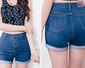 Cuffed high waisted shorts/womens shorts/cuffed shorts/plus size/dark wash shorts