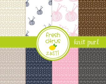 Knit Purl Digital Paper Knitting Needles Ball of Yarn for Scrapbooking Invitations Cards and Party Decor