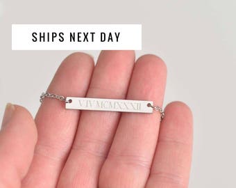 Roman numeral Necklace - Personalized Bar Necklace - Custom Name Necklace - Bridesmaid Necklace - Gift For Her - Girlfriend Gift - Rose Gold