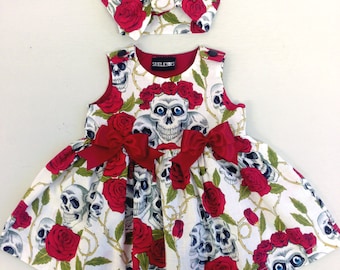 Skeletots skull & rose tattoo dress baby girl goth rockabilly ages 0-24m
