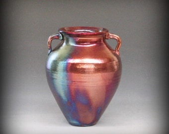 Rku Vase with Handles in Metallic Iridescent Colors