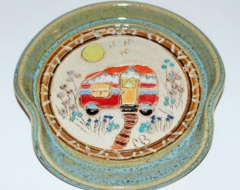 Handmade Pottery Spoon Rest, Vintage Camper Fun Art Scene