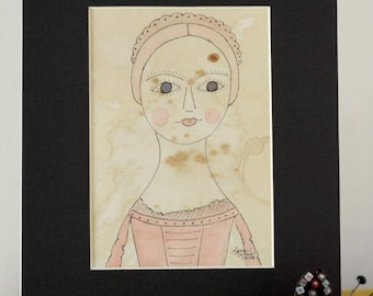 Queen Anne Doll Original Watercolor No. 4 by Lana Manis, Early American, Primitive, Folk Art, Ready to Frame