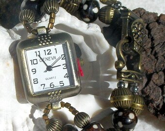 Antique Brass Watch, Bone Beads Jewelry W003