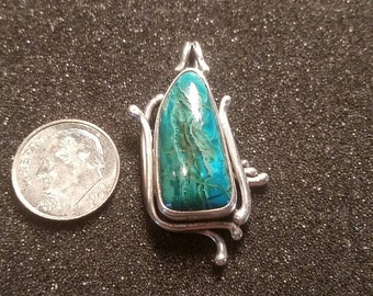 Gem silica, chrysocolla, pendant, art nouveau, silver pendant