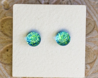 Dichroic Glass Earrings , Petite, Aqua Green DGE-1417