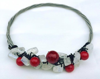 Guitar String Bangle with Moonstone & Coral