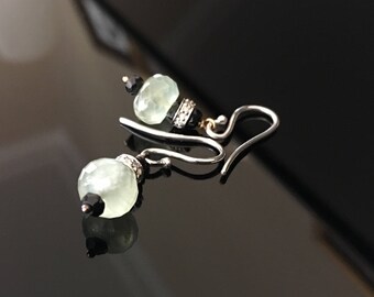 Gold Earrings in Prasiolite and diamonds pave and Black Spinel