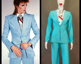 MADE TO ORDER David Bowie / Ziggy Stardust Light Blue "Suit-like" Jacket/Matching Pants w/Silver Metallic Tie for Women