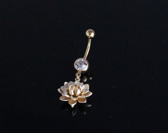 Gold Lotus Blossom Belly Ring IP Body Piercing Navel Flower