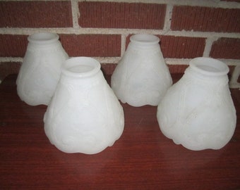 Antique Set of 4 Matching Heavy White Embossed Glass Chandelier Ceiling Light Shades