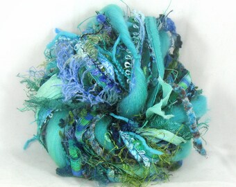 Caribbean Blue Elements 26yd Art Yarn Bundle . Mixed Media Fiber Textile Craft Pack . Wool Sari Silk Aqua Turquoise Teal Luxury Fiber Bundle