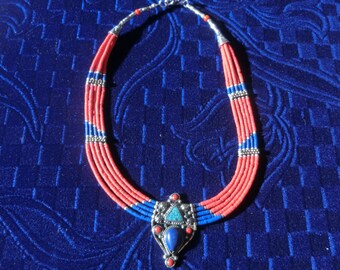214 Vintage Sterling Silver Lapis Lazuli, Turquoise and Cardinia Gemstone Necklace
