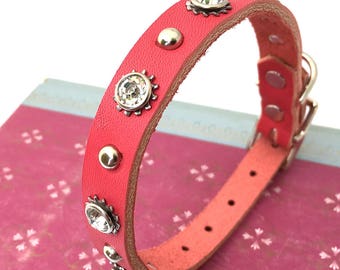 Hot Pink Leather Dog Collar with Rhinestones, Studs and Industrial Flowers, Size S, to fit a 10-13 Neck, Small Dog, Seattle Handmade