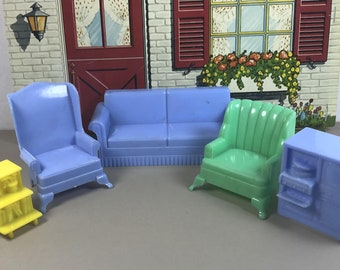 MARX LIVING ROOM, 5 Pieces, Hard Plastic, 3/4" Traditional Scale, 1950's Marxie Mansion, Vintage Dollhouse Furniture