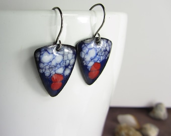 Enamel Blue Earrings, Handmade Dangle Earrings, Enamel Copper Triangle, Handmade Enamel Jewelry, Red Earrings,