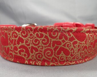 Valentine Dog Collar Gold Foil Hearts on Red Valentine's Dog Collar