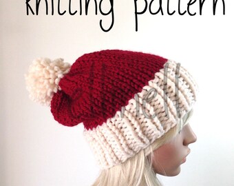 Knit Hat Pattern - Slouchy Hat - Two Tone - Pom Pom Hat - Santa Hat