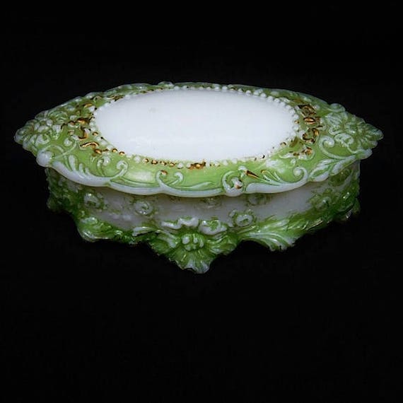 Victorian Milk Glass Oval Dresser Pin Box / 1800s Antique Vanity / Art Nouveau