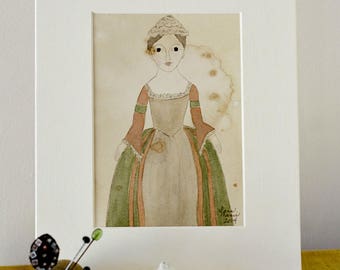 Queen Anne Doll Original Watercolor No. 3 by Lana Manis, Early American, Primitive, Folk Art, Ready to Frame