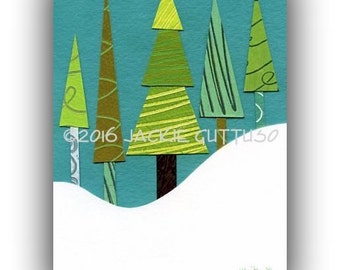 Whimsical tree art, Giclee print 5 x 7", Tree collage, Woodland nursery art print, Cabin art, Forest nursery art print, Tree painting print