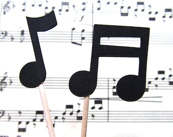 24 Music Notes Cupcake Toppers, Party Decor, Weddings, Showers, Birthdays, Graduation, Celebrations, Double-Sided, Black