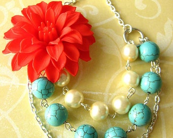 Statement Necklace Turquoise Jewelry Multi Strand Necklace Bib Necklace Flower Necklace Red Necklace