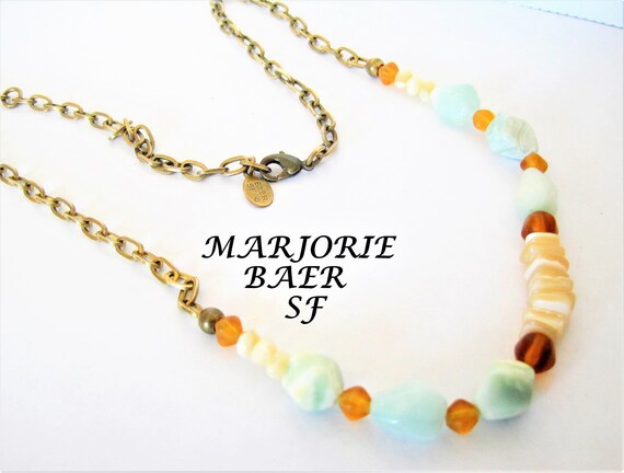Marjorie Baer SF Necklace, Modernist Aqua Glass, MOP Beads, Brass Chain