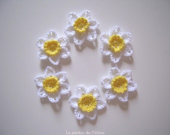 Daffodils - narcissus - set of 6 flowers crocheted in cotton