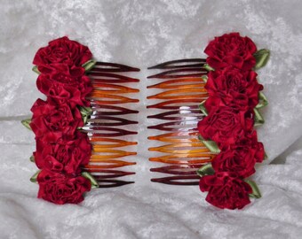 Red Satin Ribbon Rose Hair Comb Pair, Custom Color Choices