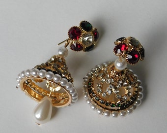 Indian style earrings jhumka with red and green beads