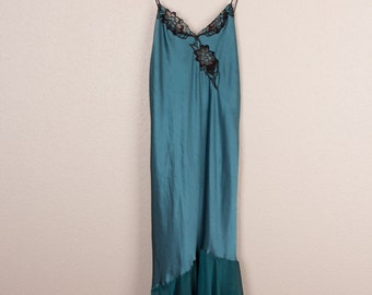 Vintage teal black lacy slip dress