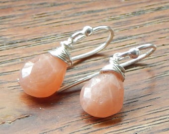 Peach Moonstone Earrings,Moonstone Earrings,Sterling Silver,June Birthstone,June Birthday,Wire Wrapped Earrings
