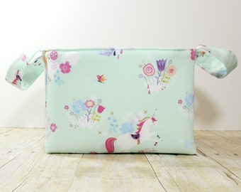 Fabric Storage Basket - Diaper Caddy - Mint Unicorn Print - Toy Storage