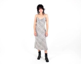 90s Black + White Abstract Floral Print Spaghetti Strap Midi Grunge Slip Dress