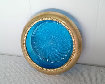 Vintage Cobalt Blue Glass and Brass Round Ashtray