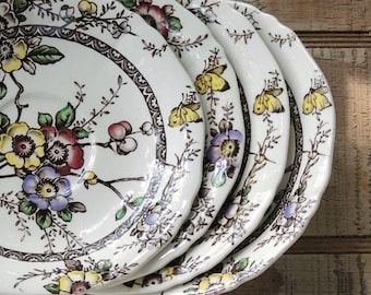 Vintage Alfred Meakin Medway Decor Saucers Set of 4 Brown Multicolor Transferware Plates for Wedding Replacement China