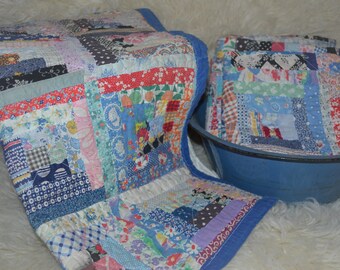 Photo Prop Vintage Quilt Layer - Squares/Log Cabin / Mini Blanket - Newborn / Toddler Photography Prop Layer, Basket Stuffer