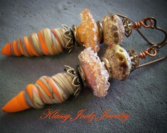Glass Lampwork Beaded Earrings-Artisan Lampwork Earrings-Artisan Ceramic Raku Beaded Earrings-Tribal-Bohemian Earrings-SRAJD