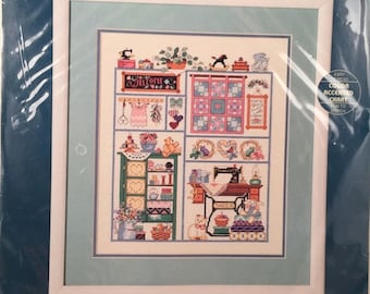 ON SALE Sewing Room Treasures, Sunset, Counted Cross Stitch Kit, Sewing Room Picture, Sewing Machine, Quilt, Country Decor, Farmhouse Decor