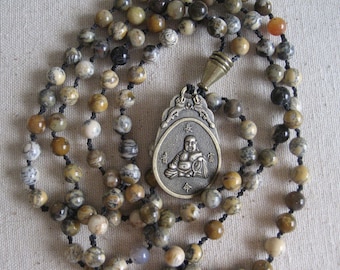 Mala: hand-crafted of 108 moss agate beads with bronze Buddhist amulet